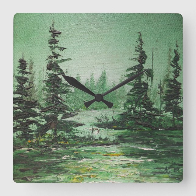 Horloge Carrée Wall Clock Ann Hayes Painting Green Forest (Recto)