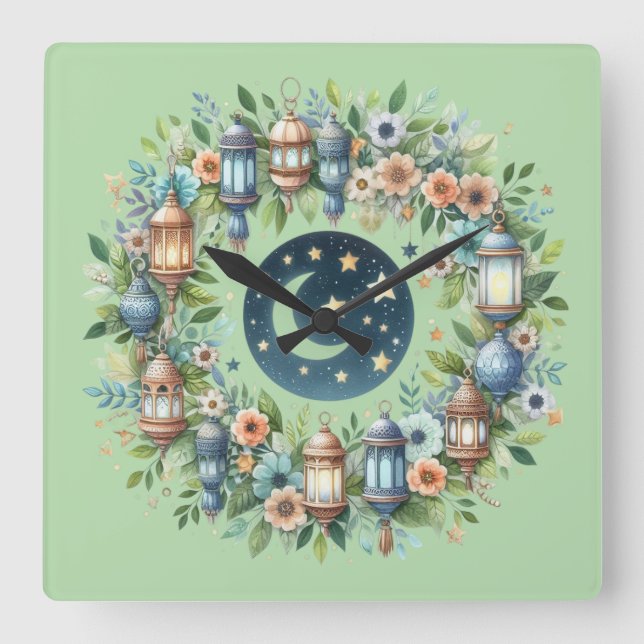 Horloge Carrée Wall Clock-Eid Mubarak Wreath Wall Clock (Recto)