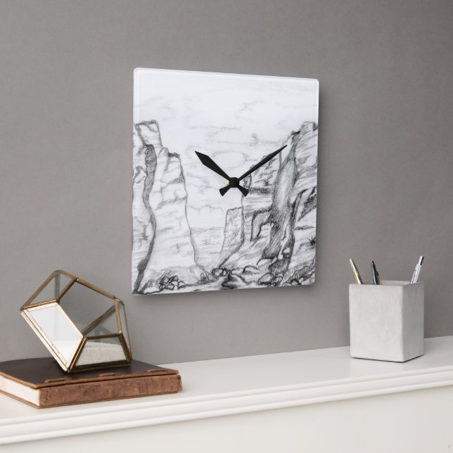 Horloge Carrée Wall Clock with canyon sketched in black and white (Bureau)