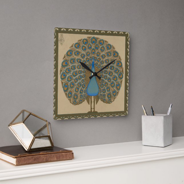 Horloge Carrée Walter Crane Blue Peacock avec sa queue écartée (Bureau)