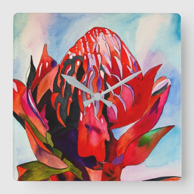 Horloge Carrée Waratah Australian native flower watercolor (Recto)