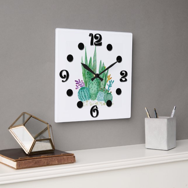 Horloge Carrée Watercolor , cactus , succulents (Bureau)