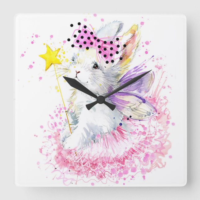 Horloge Carrée Watercolor Fairy Bunny (Recto)
