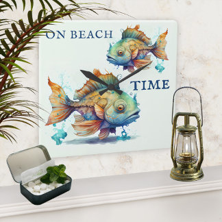 Horloge Carrée Watercolor Fishers Beach House