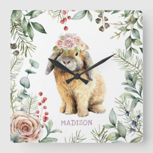 Horloge Carrée Watercolor Floral Bunny Rabbit Personalized