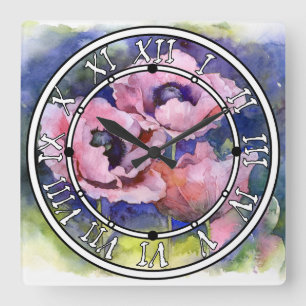 Horloge Carrée Watercolor flowers pink poppy illustration flowers
