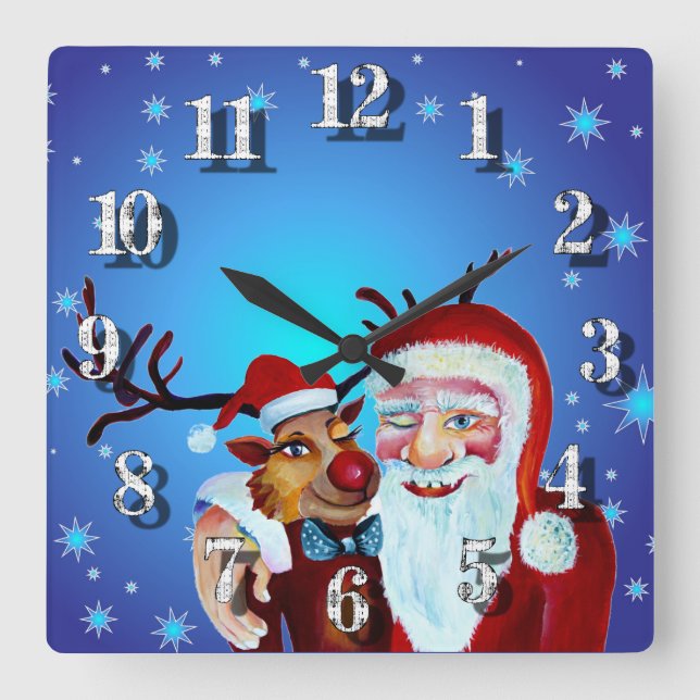 Horloge Carrée Watercolor Magical Santa Claus Smiling Rudolph (Recto)