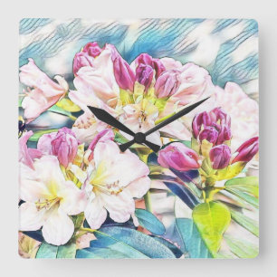 Horloge Carrée Watercolor painting of a pink and white azeea
