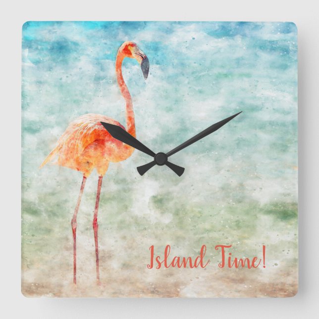 Horloge Carrée Watercolor Pink Flamingo | Tropical Island Time (Recto)