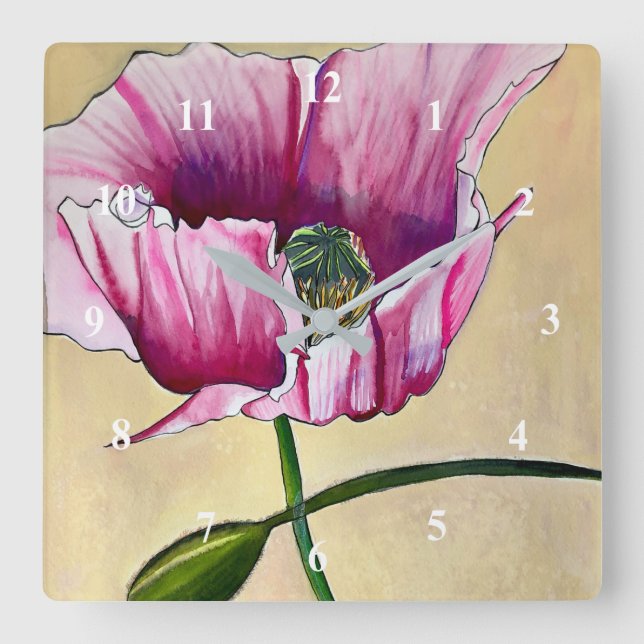 Horloge Carrée Watercolor pink poppy art flower (Recto)
