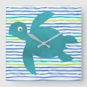 Horloge Carrée Watercolor Sea Turtle Shibori Stripe