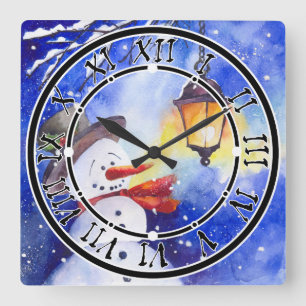 Horloge Carrée Watercolor snowman Merry Christmas