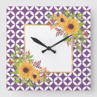 Horloge Carrée Watercolor sunflowers, purple geometric pattern