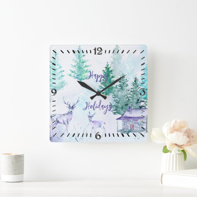 Horloge Carrée Watercolor Winter Landscape Happy Holidays (Maison)