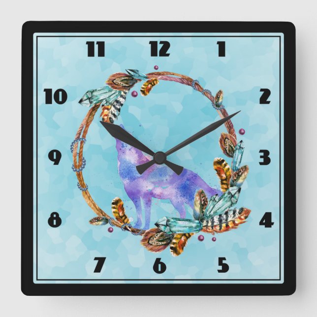 Horloge Carrée Watercolor Wolf Howling in a Boho Style Wreath (Recto)