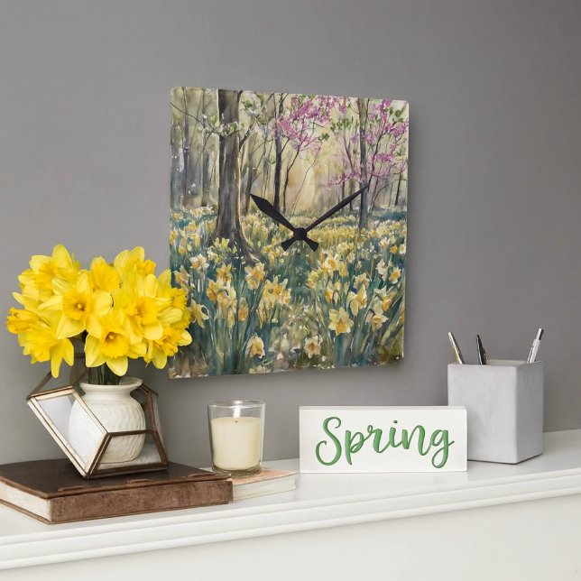 Horloge Carrée Watercolor Woodland Daffodils Blossoms  (Springtime forest wall clock with daffodils and blossoms artful charm for seasonal home refresh.)