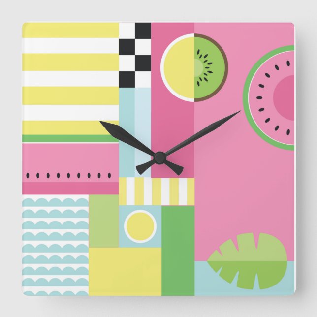 Horloge Carrée Watermelon, kiwi, summer fun colorful pattern (Recto)