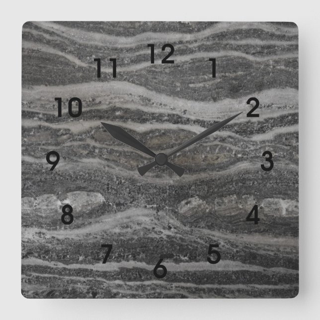 Horloge Carrée Waves of Gray Marble Black Numbers (Recto)