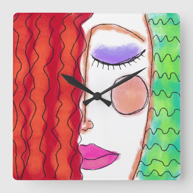 Horloge Carrée Wavy Red Hair Abstract Art Square Wall Clock (Recto)
