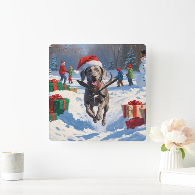 Horloge Carrée Weimaraner coule en neige avec le Casquette de Noë (Maison)