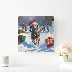 Horloge Carrée Weimaraner courant dans la neige avec un chapeau d