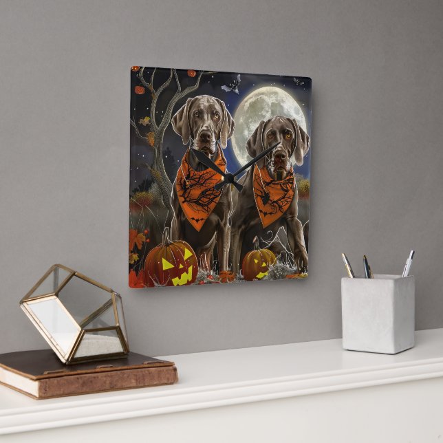 Horloge Carrée Weimaraner Halloween Épouvantable  (Bureau)