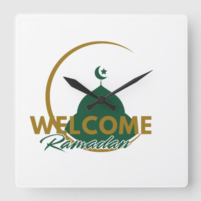 Horloge Carrée Welcome Ramadan Wall Clock – Islamic Mosque Cresce (Recto)