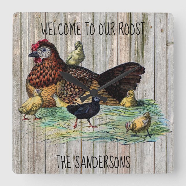 Horloge Carrée Welcome to Our Roost Rustic Chicken Clock (Recto)