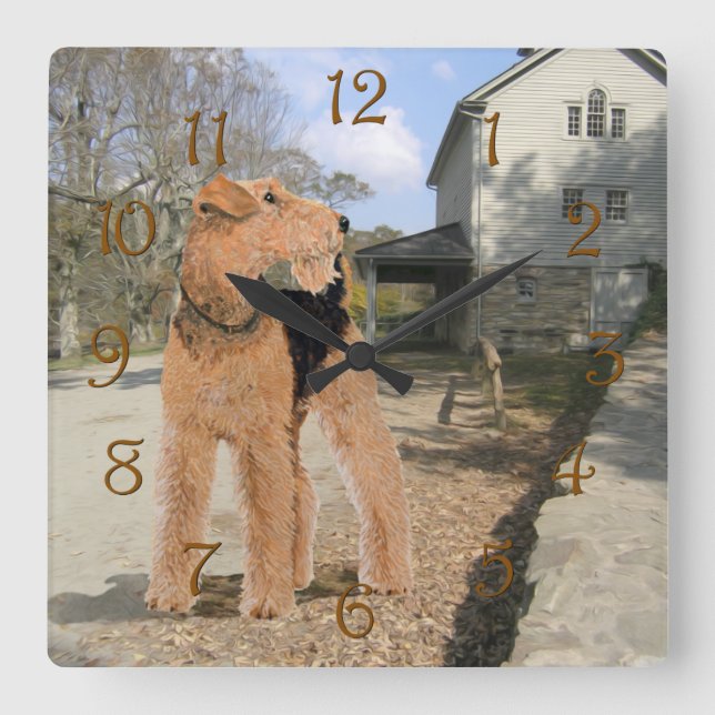 Horloge Carrée Welsh Terrier dans la cour de l'écurie (Recto)