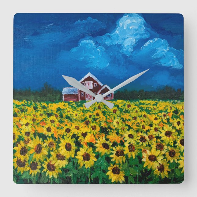 Horloge Carrée western country red barn summer sunflower field (Recto)