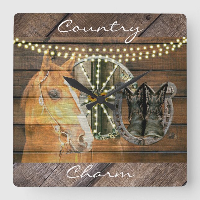 Horloge Carrée Western Horse Horseshoe Wagon Wheel Cowboy Boots (Recto)