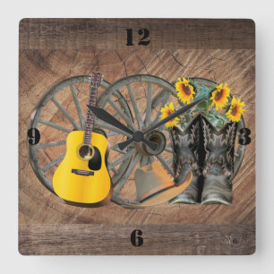 Horloge Carrée Western Wagon Wheel Guitar Cowboy boots Sunflower 