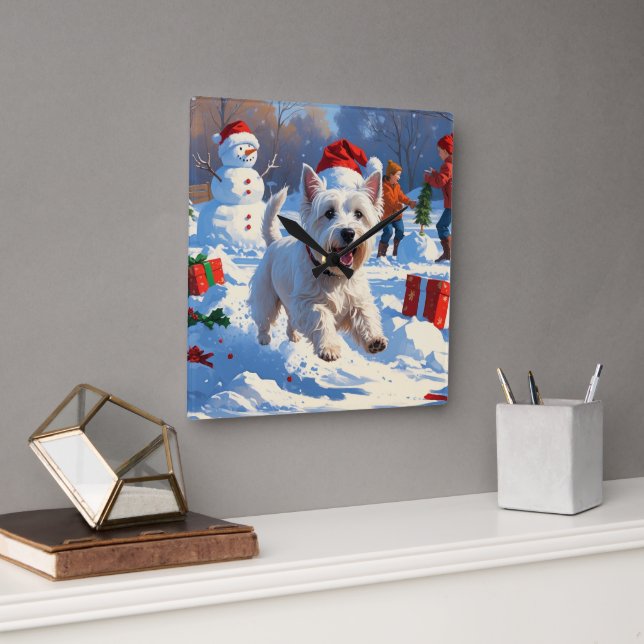 Horloge Carrée Westie coule en neige avec le Casquette de Noël (Bureau)