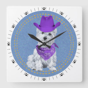 Horloge Carrée Westie Cowboy sur Denim