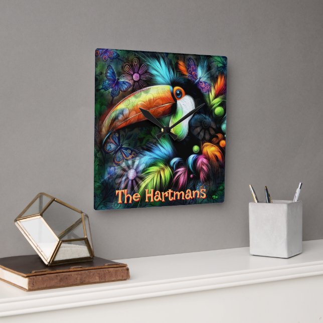Horloge Carrée Whimsical Abstract Toucan Bird Personalized (Bureau)
