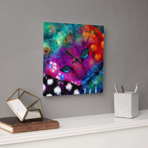 Horloge Carrée Whimsical Abstrait Dreamy Kitty Chat Turquoise pou