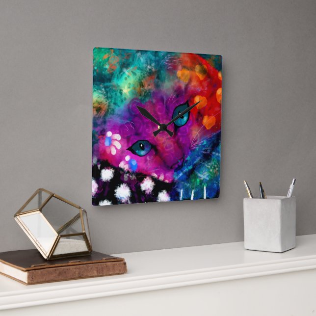 Horloge Carrée Whimsical Abstrait Dreamy Kitty Chat Turquoise pou (Bureau)