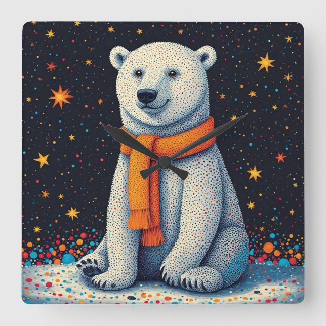 Horloge Carrée Whimsical Polar Bear In Orange Scarf (Recto)