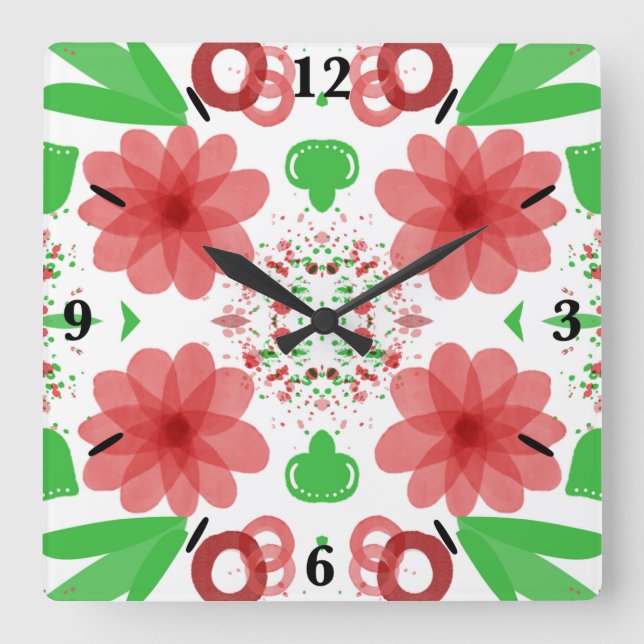 Horloge Carrée Whimsical Red Flowers Green Leaves On White Art (Recto)