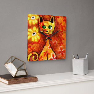 Horloge Carrée Whimsical Retro Kitty Chat Abstrait Art Orange