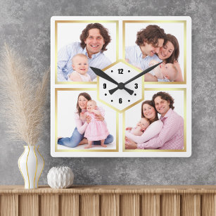Horloge Carrée White and Gold 4 Photos Family Photo Collage