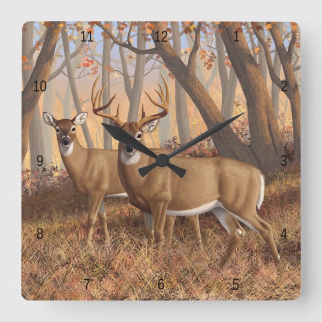 Horloge Carrée White Deer Buck & Doe Automne Maple Woods (Recto)