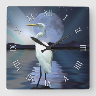 Horloge Carrée White Egret, Pleine lune & Aurora