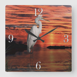 Horloge Carrée White Egret & Sunset Wildlife Nature Scène