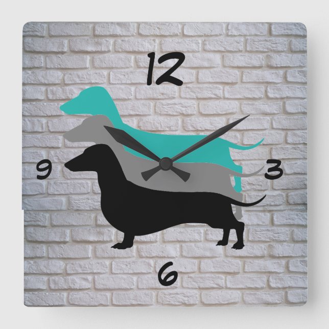 Horloge Carrée White Faux Brick Dachshund Silhouette Wall Clock (Recto)