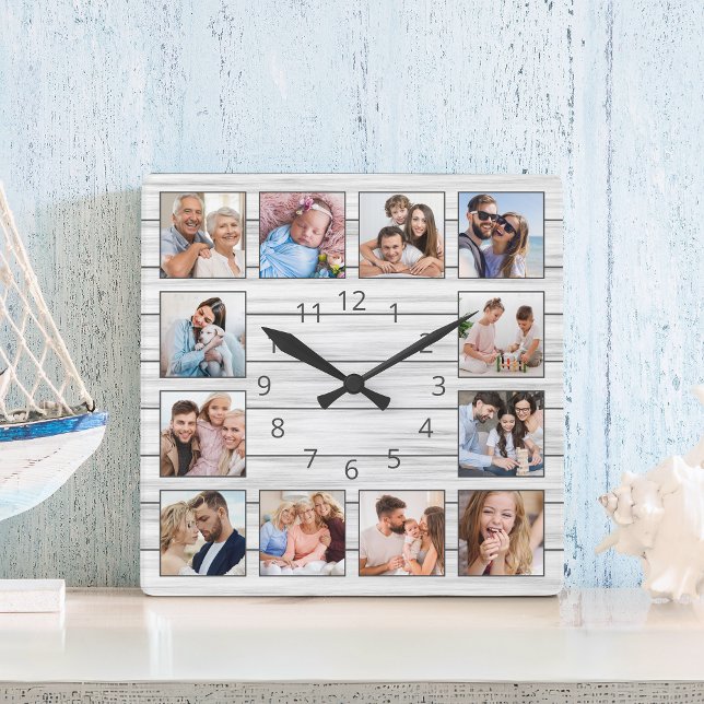 Horloge Carrée White Grey Bois Custom Photo Collage Élégant (Créateur téléchargé)