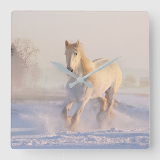 Horloge Carrée White Horses dans Snow Photo Wall Clock (Recto)