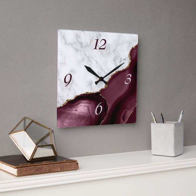 Horloge Carrée White Marble Burgundy Agate Gold Glitter (Bureau)