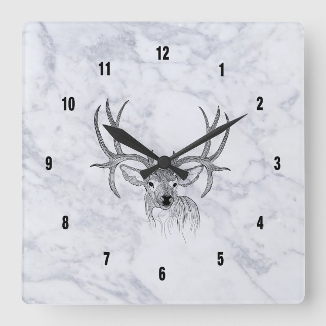Horloge Carrée White Marble Texture & Black Deer (Recto)