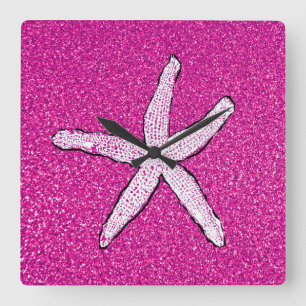 Horloge Carrée White Starfish Pink Glittery Sparkly Girls